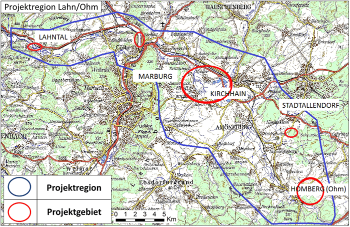 Übersichtskarte zu der Projektregion "Lahn/ohm" mit fünf Projektgebieten in Hessen